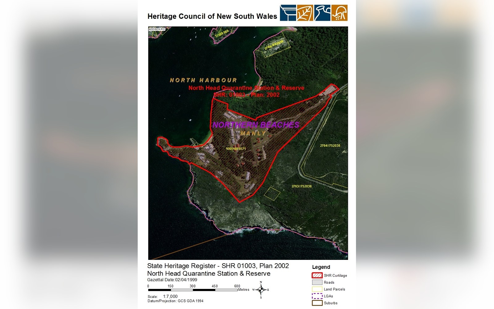 Aerial map outlining the North Head Quarantine Station and Reserve heritage boundary near Manly